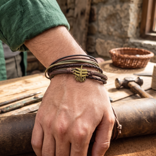 Handcrafted Leather Wrap Bracelet with Sanskrit Symbol Charm | Adjustable Unisex Boho Wristband